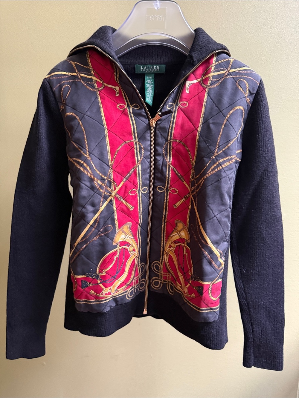 Lauren Ralph Lauren Black Jacket with Red & Gold Scarf-Print Panels